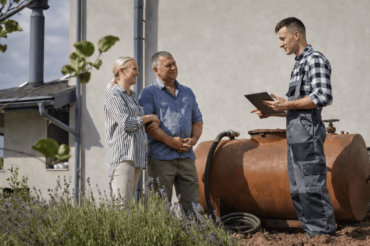 Couple avec technicien devant cuve fioul